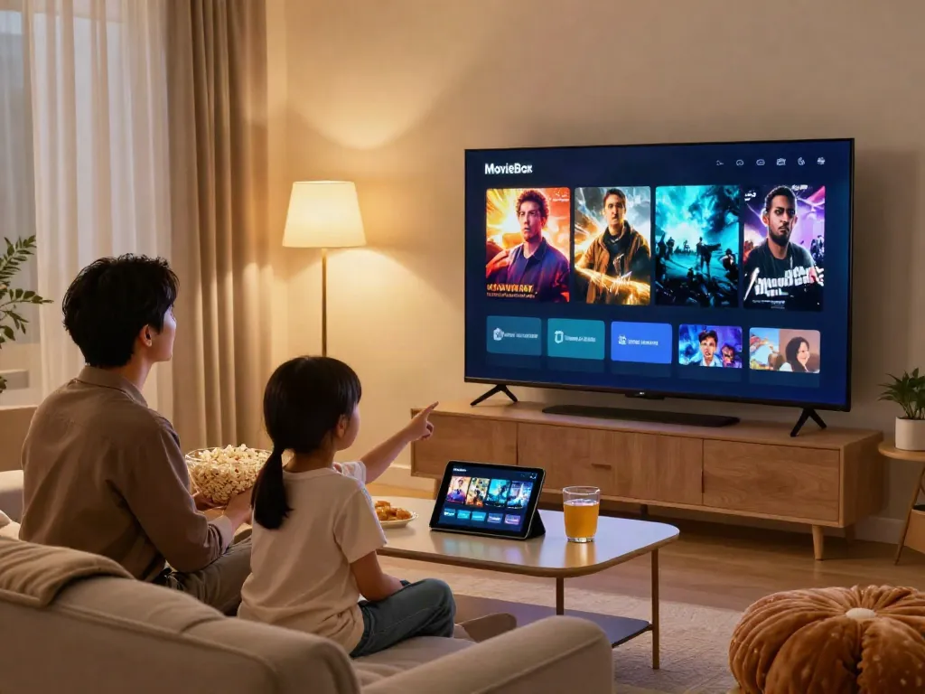 Family enjoying movie night with MovieBox app on smart TV in a cozy living room.