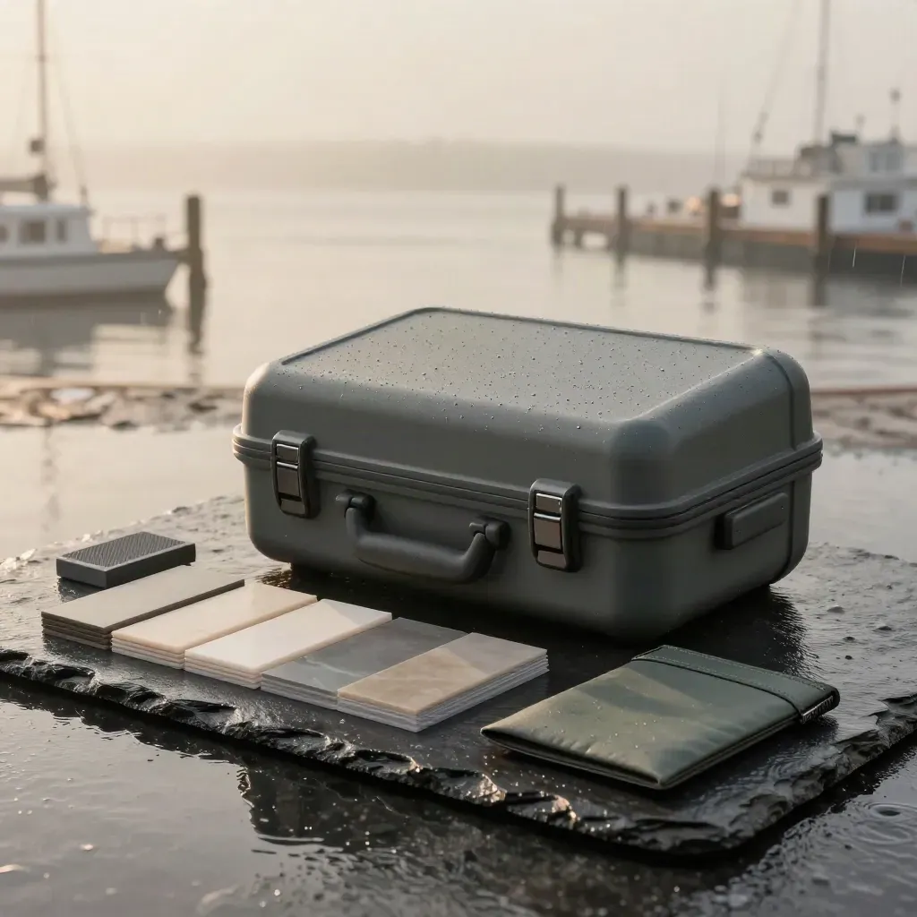 Charcoal import starter case with swatches and cargo pouch on wet slate at dawn.