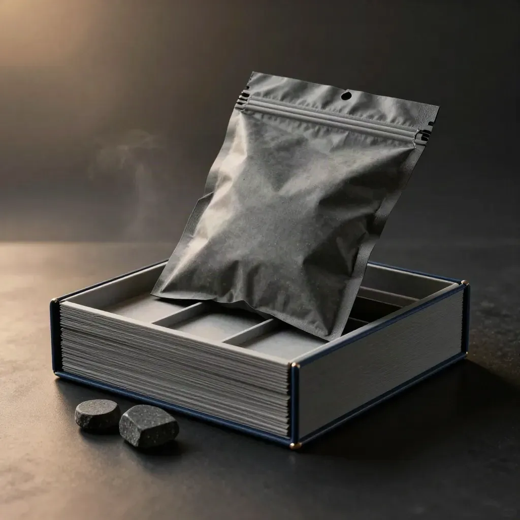 Charcoal dossier block with sealed pouch and stone sample chips on a matte-black surface.