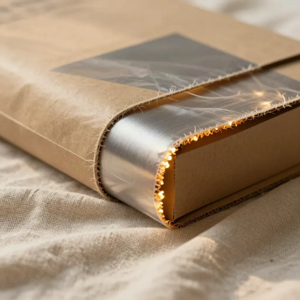 Translucent kraft freight-quote sleeve in linen folds, amber-lit with rope thread and insert