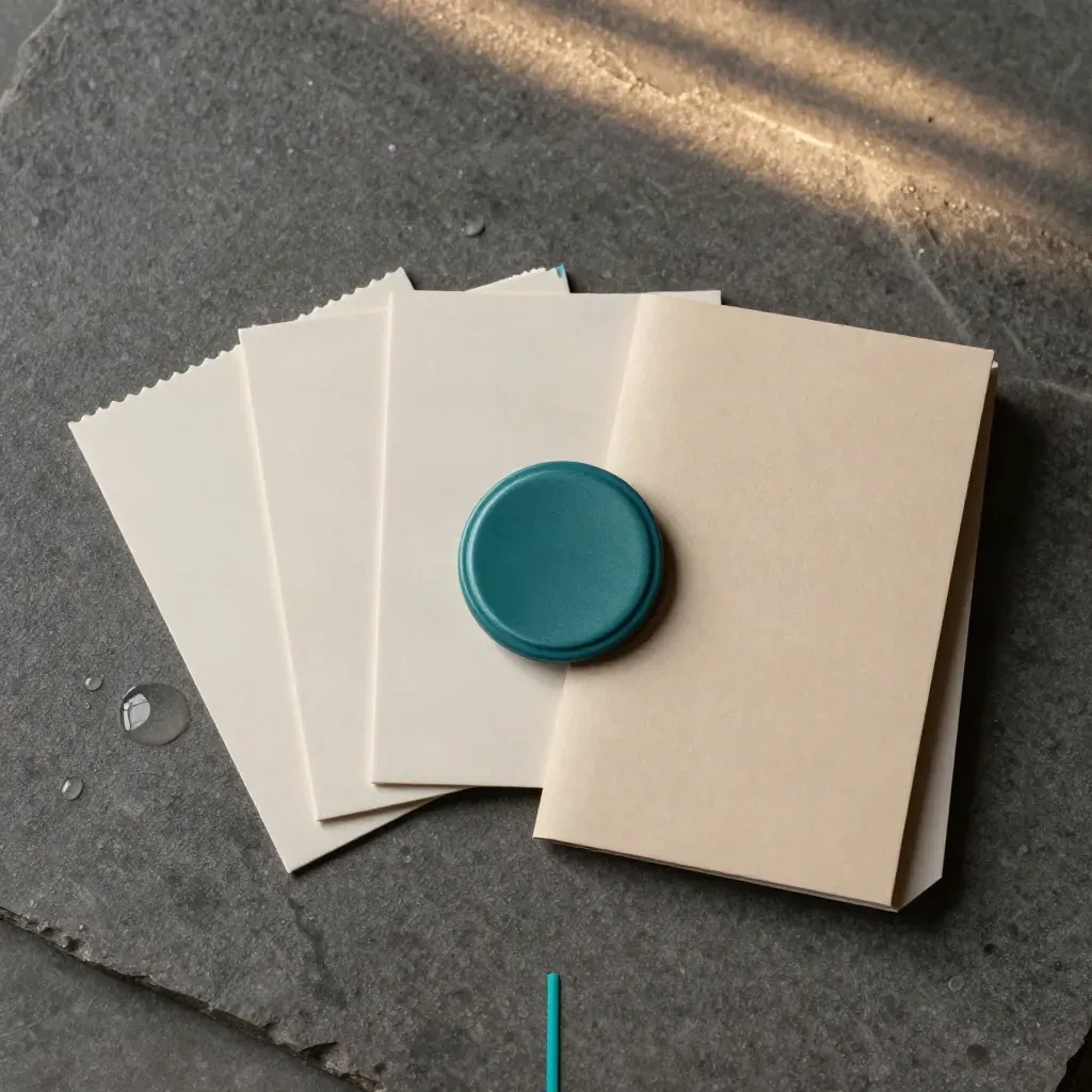 Overhead flatlay of sample cards, teal token and folded sleeve on wet stone.