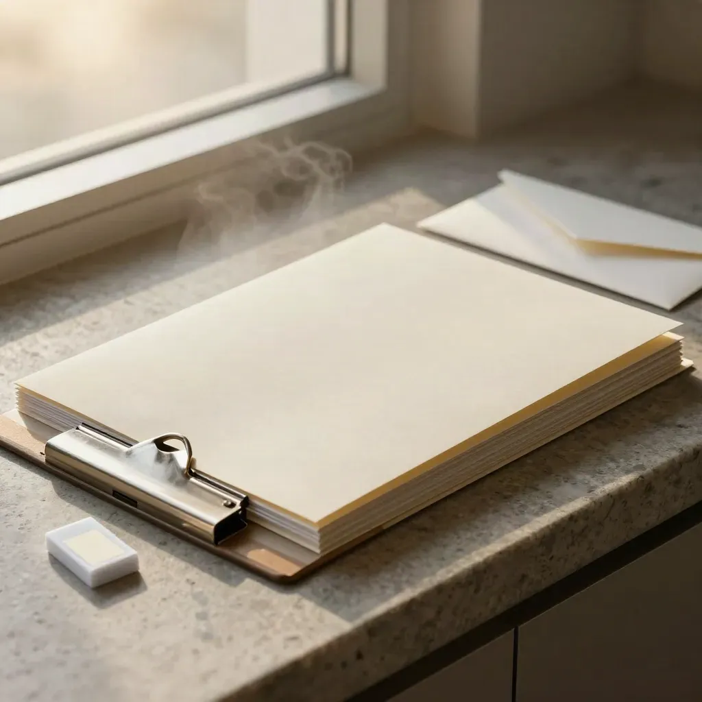 Off-white customs paperwork kit secured in metal clips on a stone counter with soft steam.