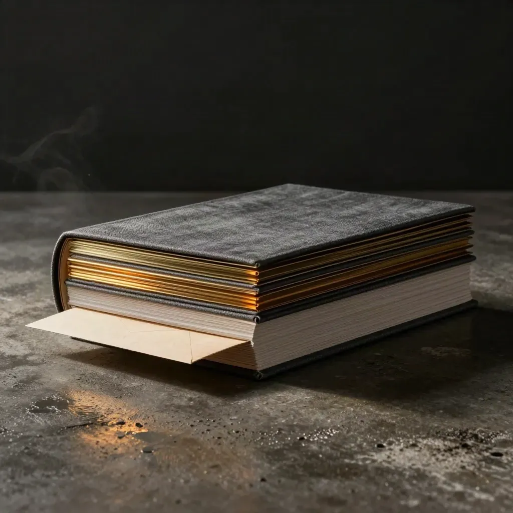 Graphite landed-cost folio with brass weights and acetate layers on wet concrete, lit dramatically.