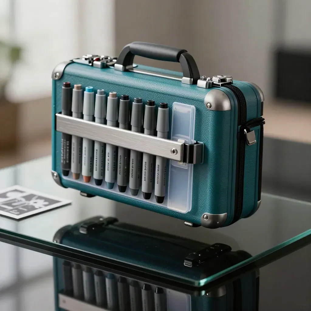 Teal tracking case and courier pouch hovering over black glass with soft reflections.