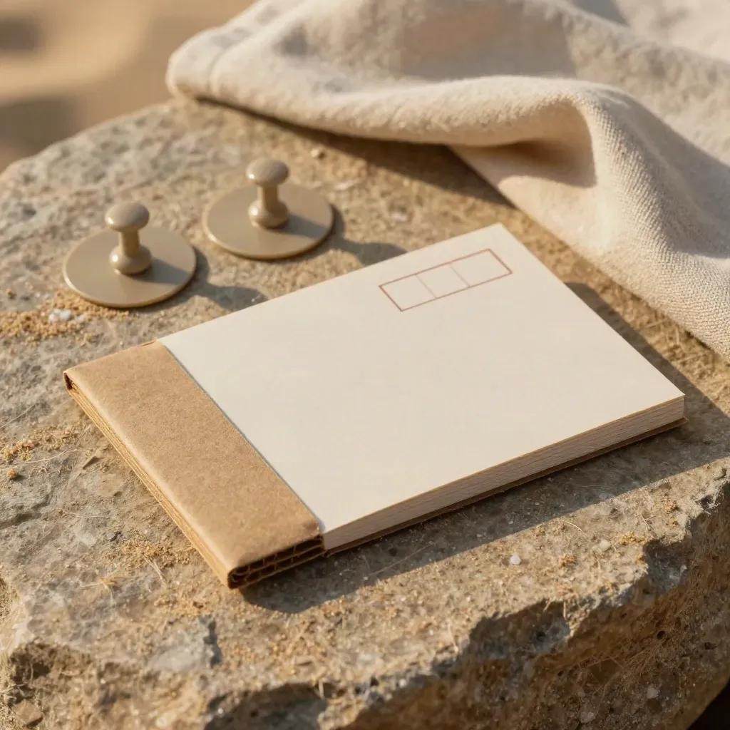 Sand import-check kit with seal strip, map-pin discs, and cloth on rough stone.