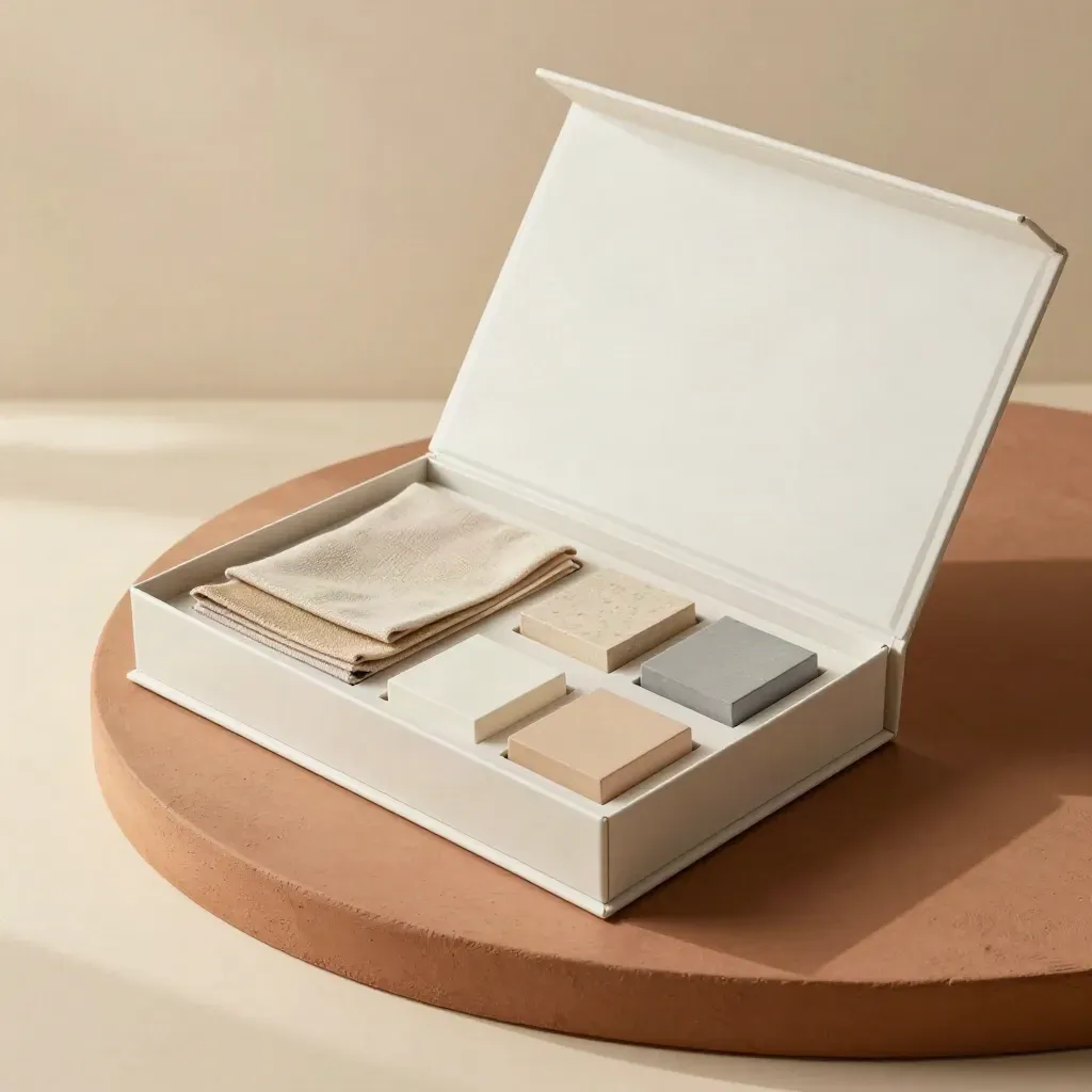 Open ivory sourcing box with fabric swatches and sample blocks on a terracotta plinth.