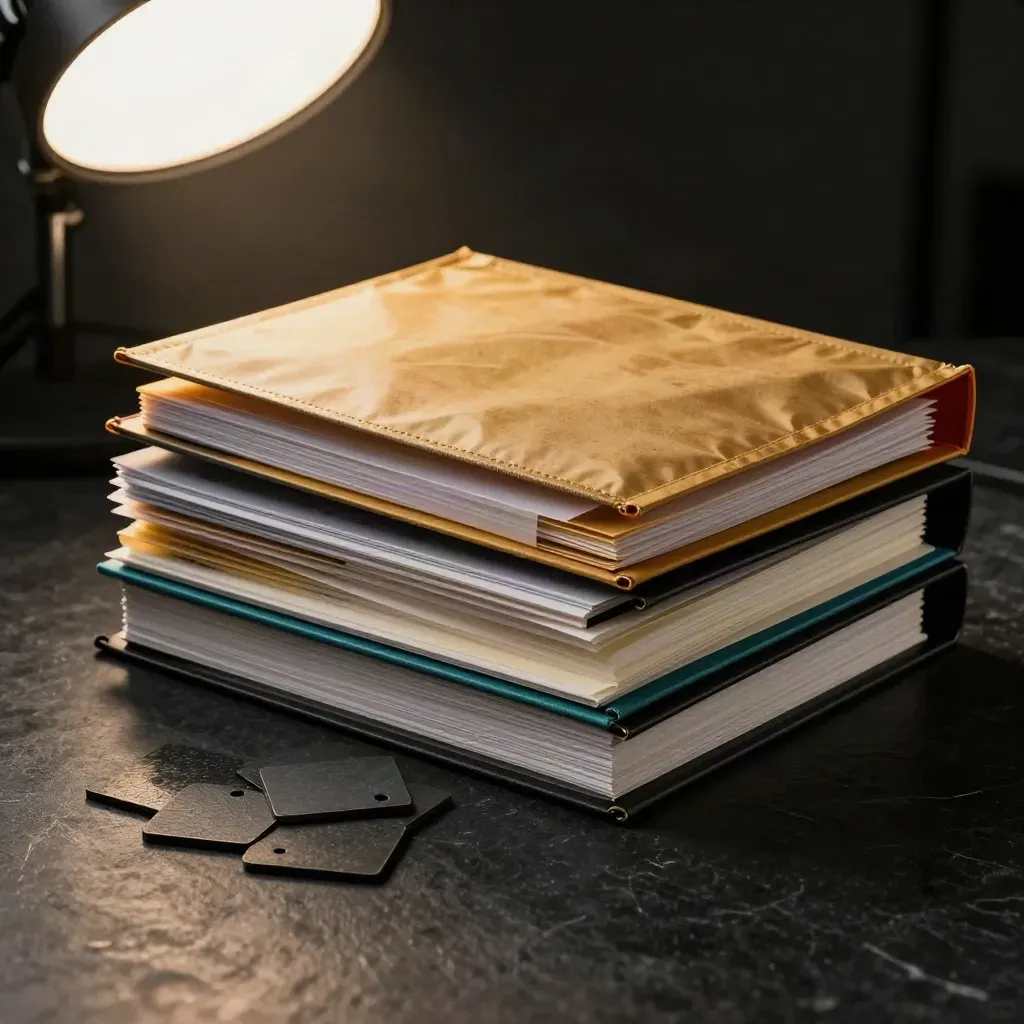 Amber-lit risk-review kit with tabbed binders, sealed pouch and slate chips in smoky darkness.