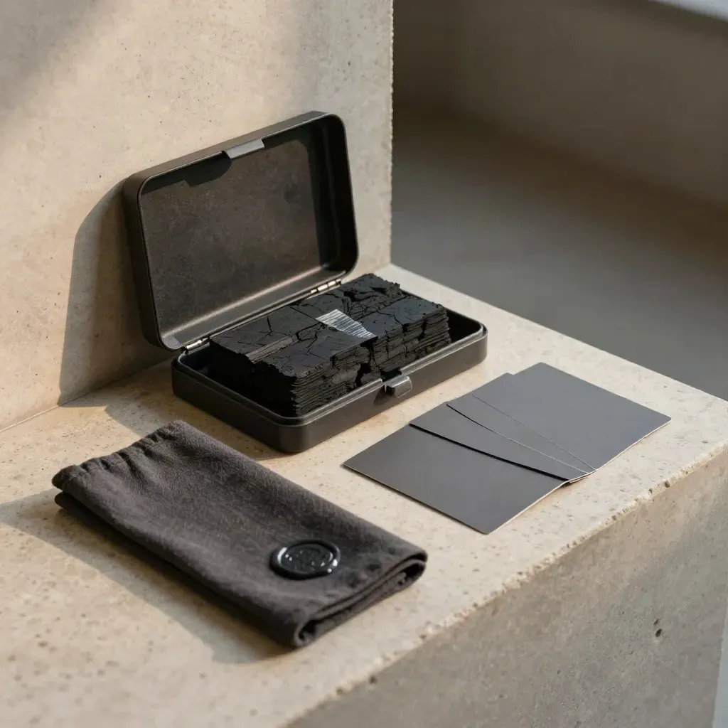 Charcoal supplier-check kit opened on travertine with sample cards, cloth sleeve, and document pouch.