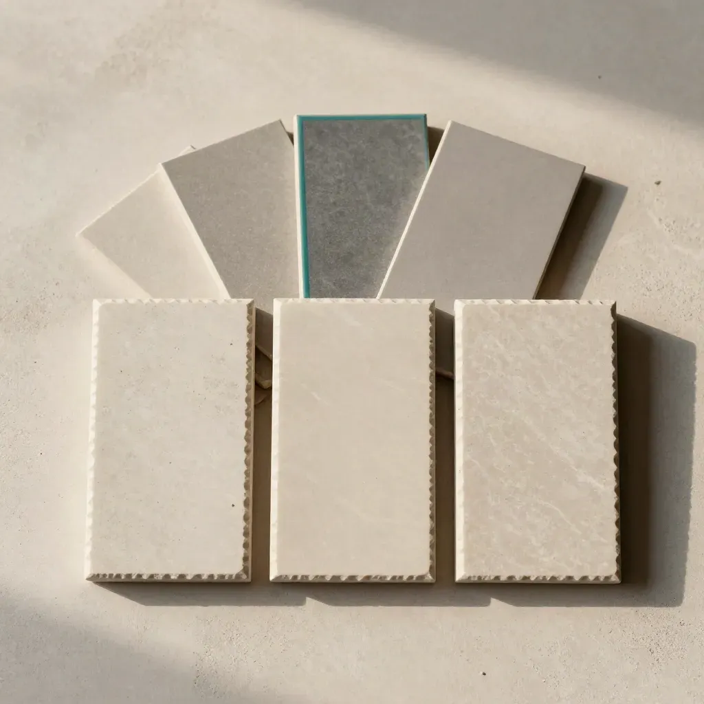 Overhead limestone sample blocks and tabs arranged in a neat triad on pale stone