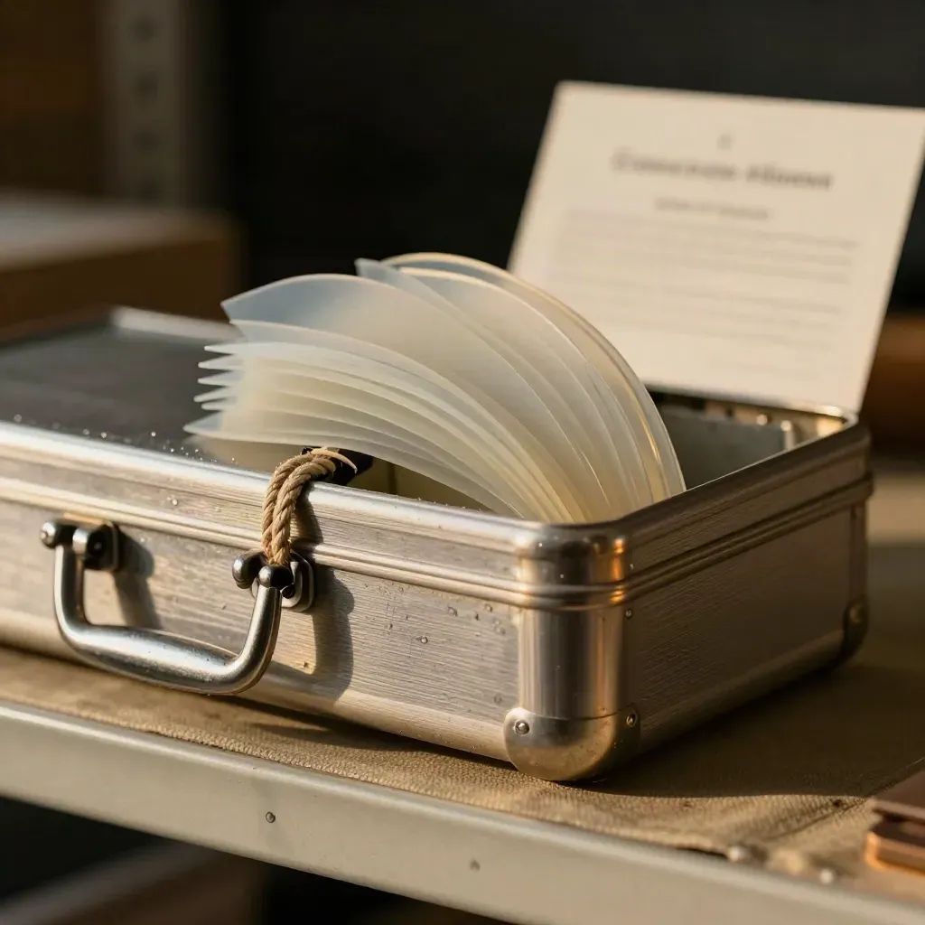 Macro of a brushed-metal freight case with translucent sheets, rope tie, and a warm edge glint.