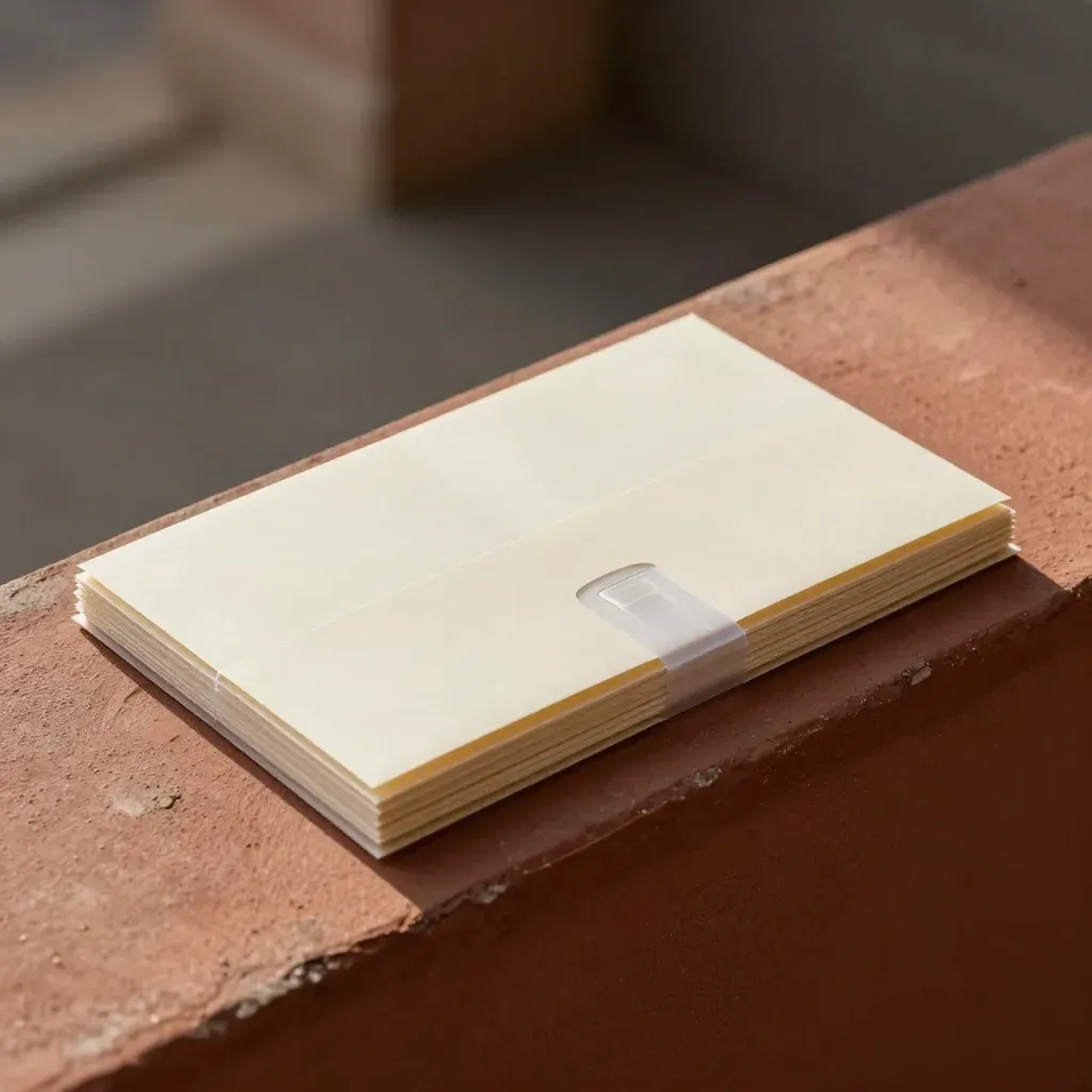 Ivory customs form pack with folded inserts and seal strip on a terracotta ledge