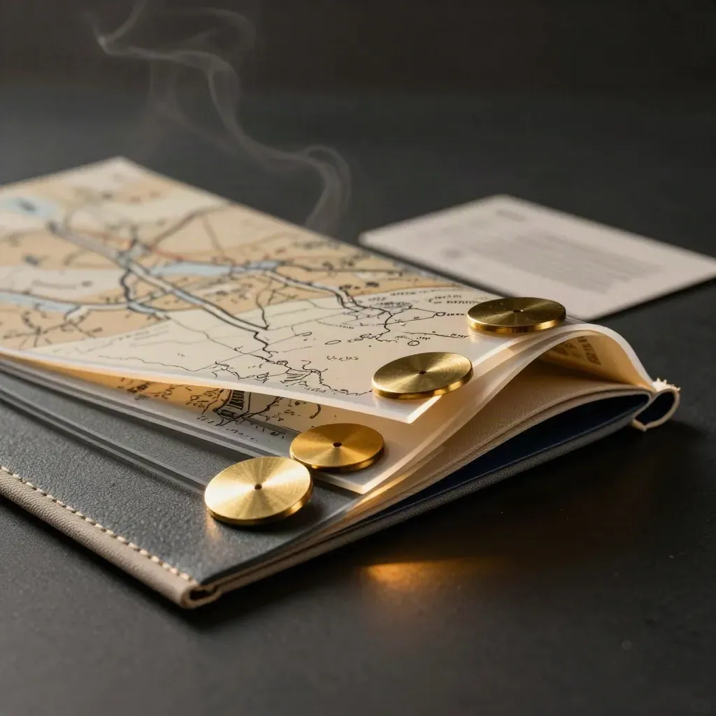 Graphite landing-cost folio with acetate layers, brass discs and pouch on matte black.