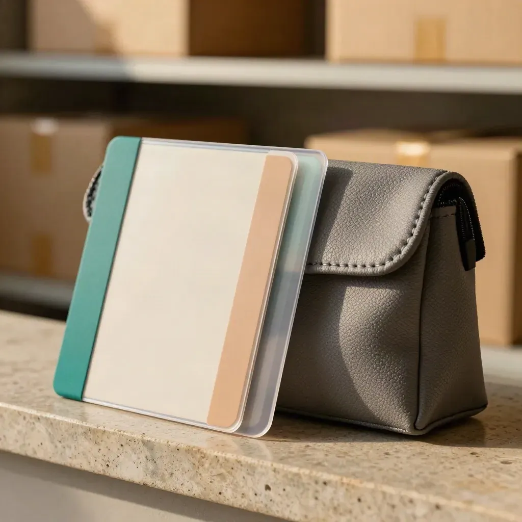 Macro of teal-trimmed shipment tracking cards, clear sleeve and courier pouch on a stone packing bench.