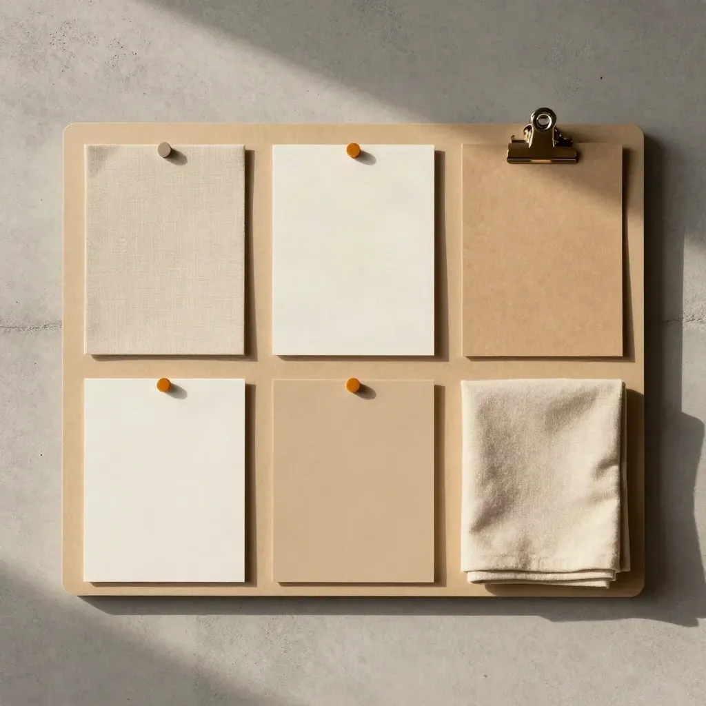 Overhead flatlay of import planning materials on a sand-toned concrete slab.