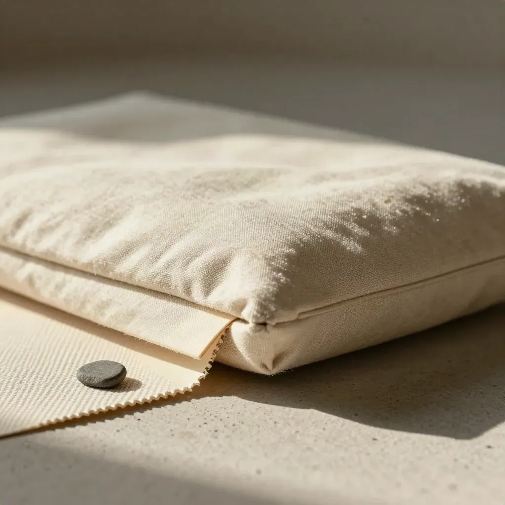 Off-white sourcing folio with swatch, pouch and stone chip, side-lit in a moody macro.