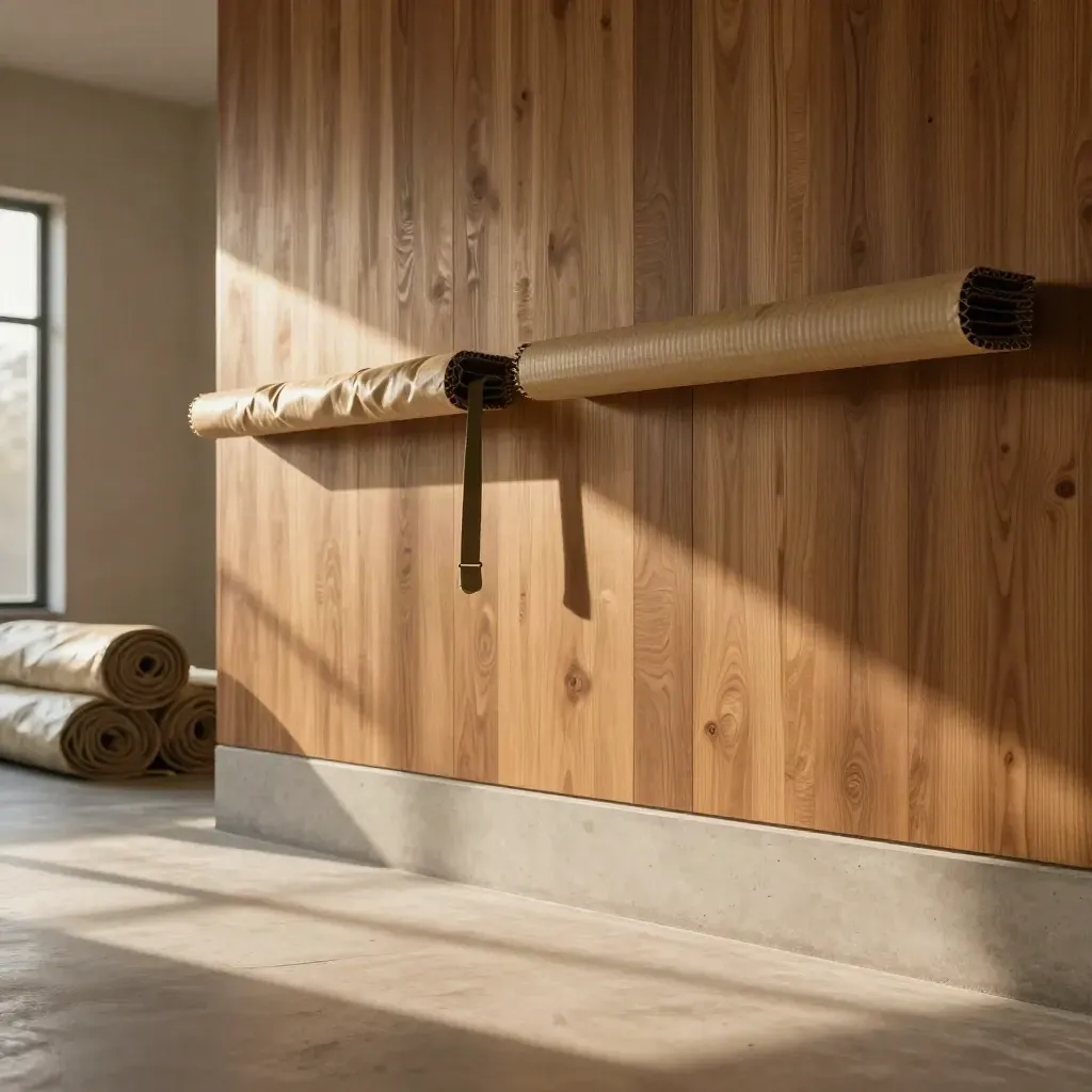 Sunlit freight-office interior with oak wall, concrete sill, straps and tarps above a calm floor.