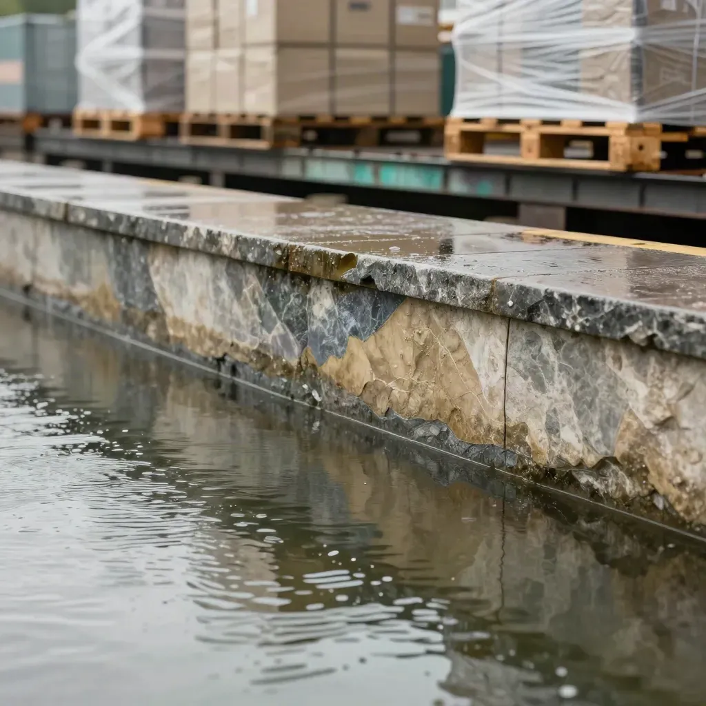 Wet stone loading ledge with rainwater, blurred gantry, stacked blocks and misty freight atmosphere.